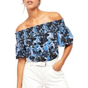 New Free People Boho Abstract Bubble Top $78 SMALL Blue Smocked Off The Shoulder